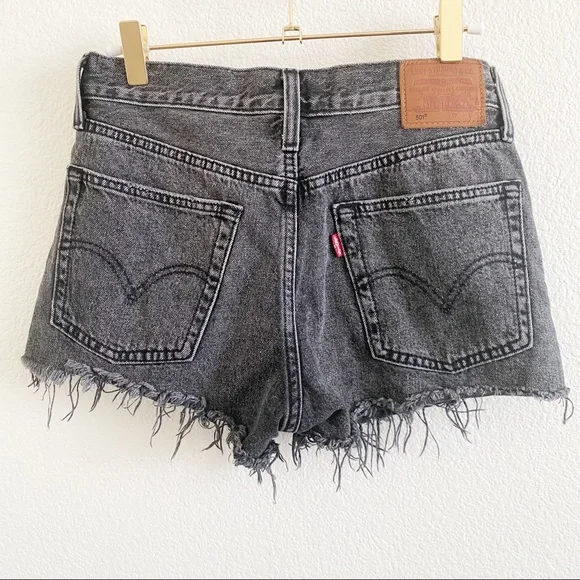 Levi's 501s Premium Denim Washed Black Grey Cut Off Distressed Jean Shorts - Picture 2 of 7